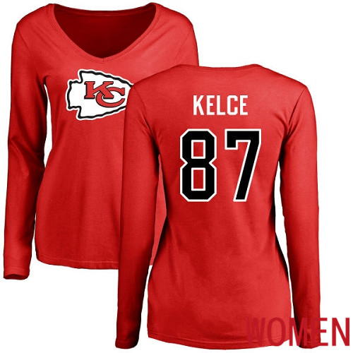 Women Football Kansas City Chiefs #87 Kelce Travis Red Name and Number Logo Slim Fit Long Sleeve T-Shirt->nfl t-shirts->Sports Accessory